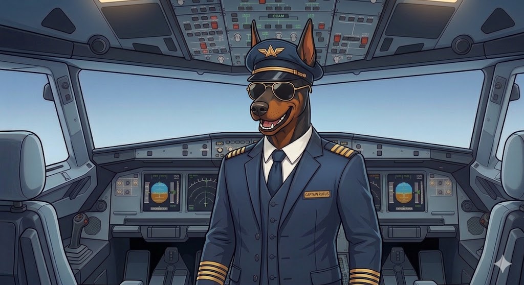 Captain Rufus — Daytona DPE doberman airline pilot mascot